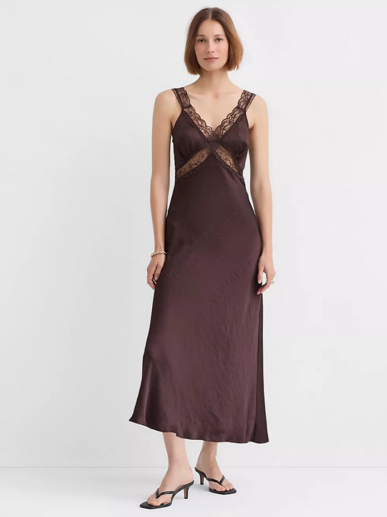 Loft Petite Lace Trim Satin Midi Slip Dress